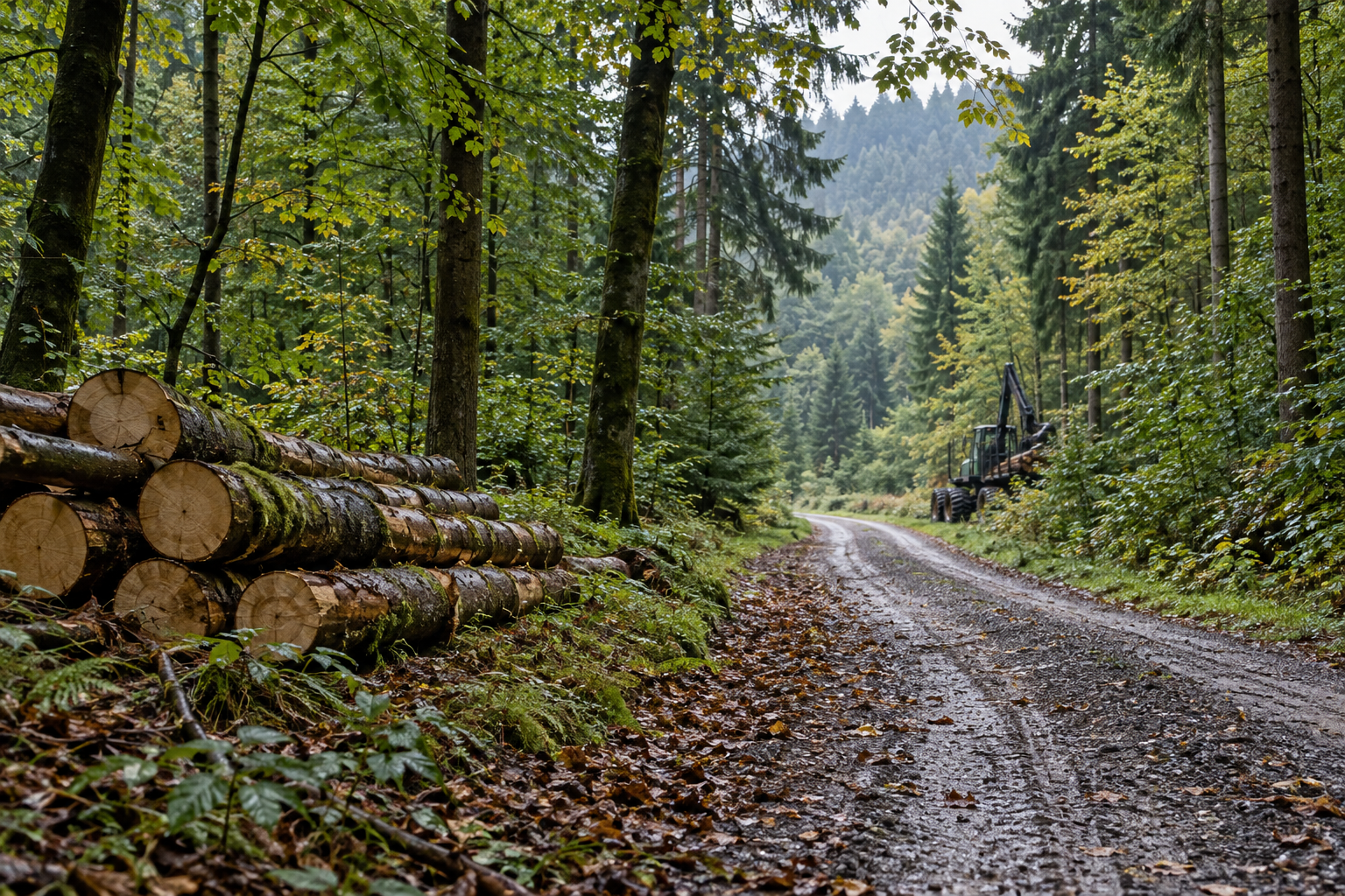 Waldweg mit Holzernte und Forstmaschine im Bergischen Land