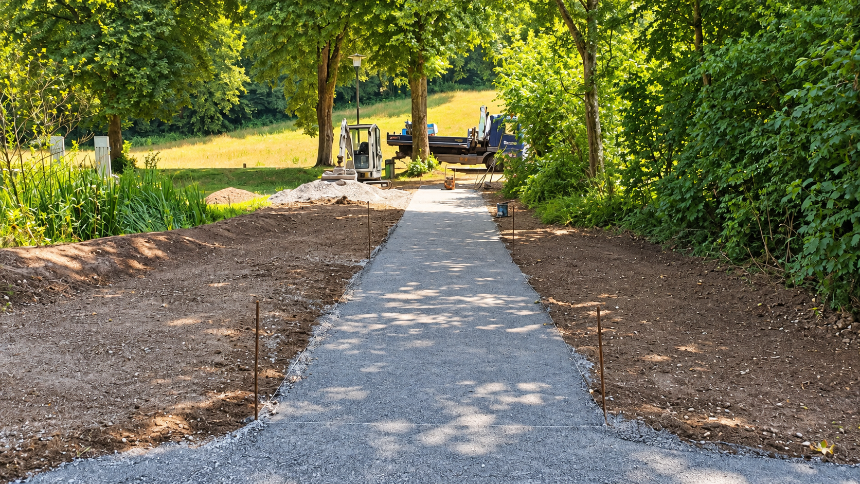 Neu angelegter Weg mit Baustellenfahrzeugen im Bergischen Land